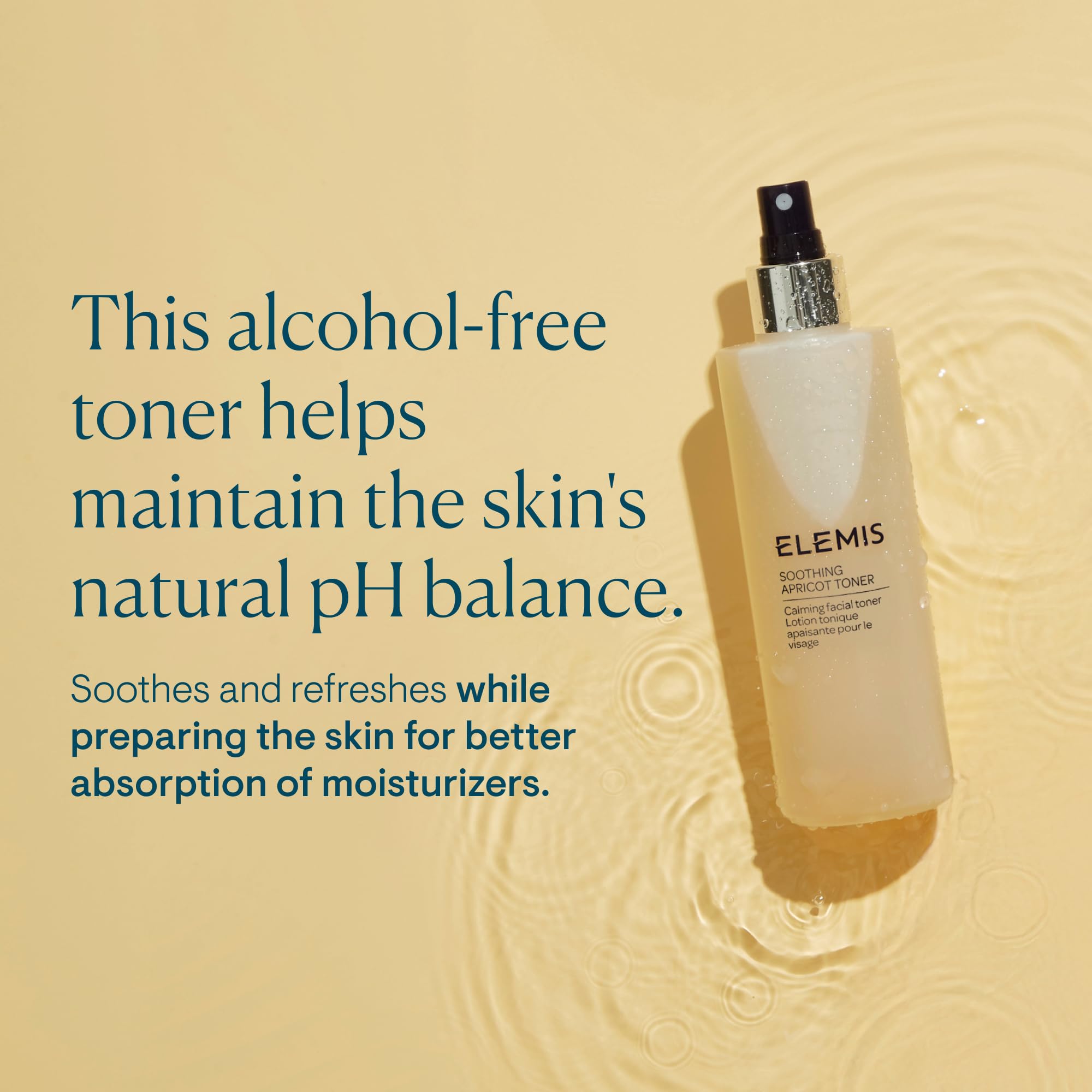 ELEMIS bottle label highlighted, showing alcohol-free, gentle soothing ingredients.