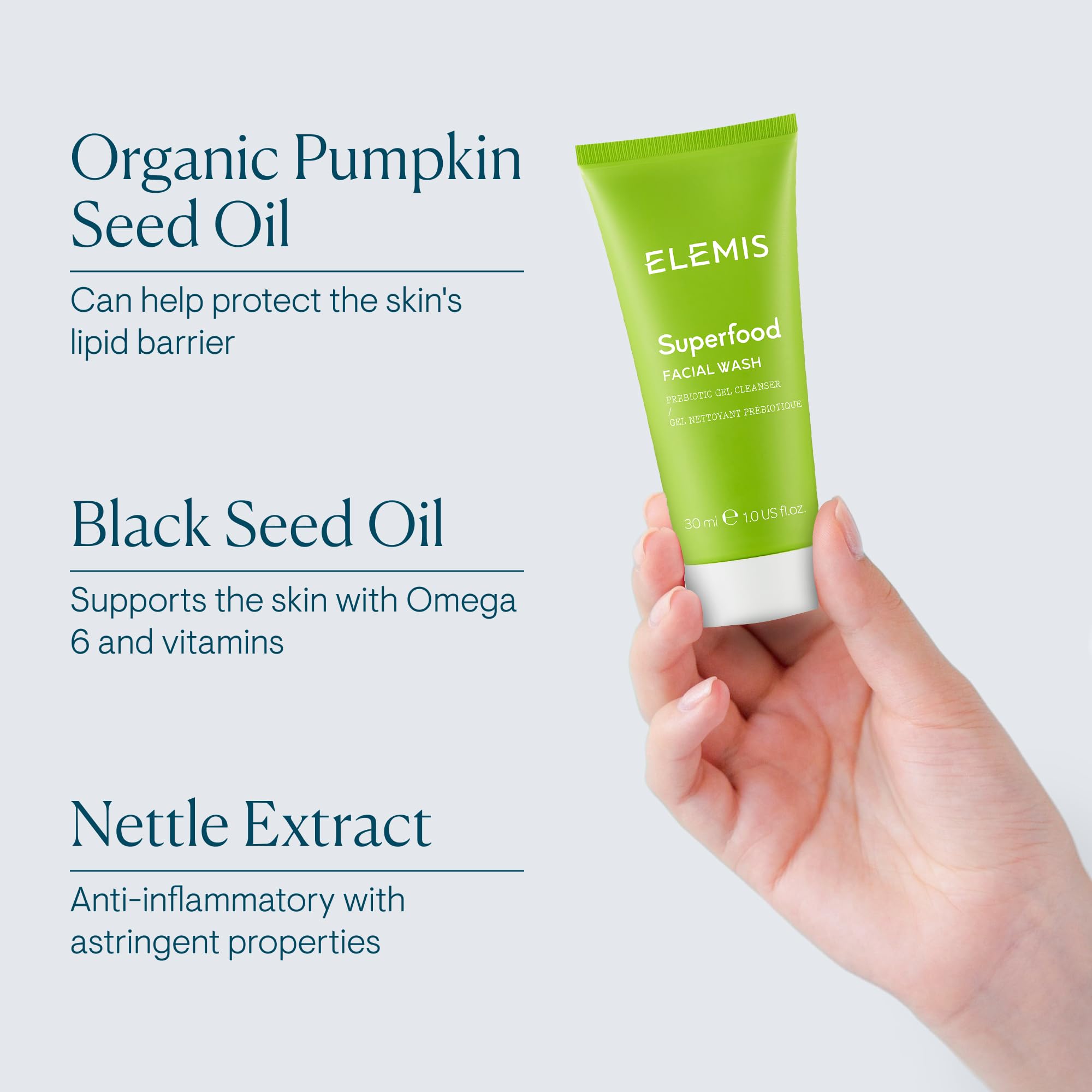 ELEMIS Superfood Facial Wash shown in a morning routine for a refreshed start.