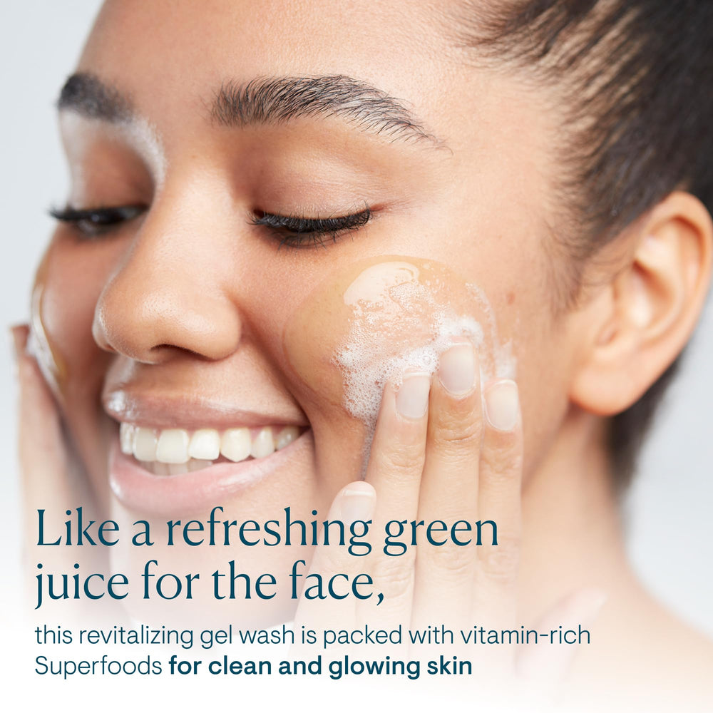 ELEMIS Superfood Facial Wash foam close-up shows rich lather for gentle cleansing.