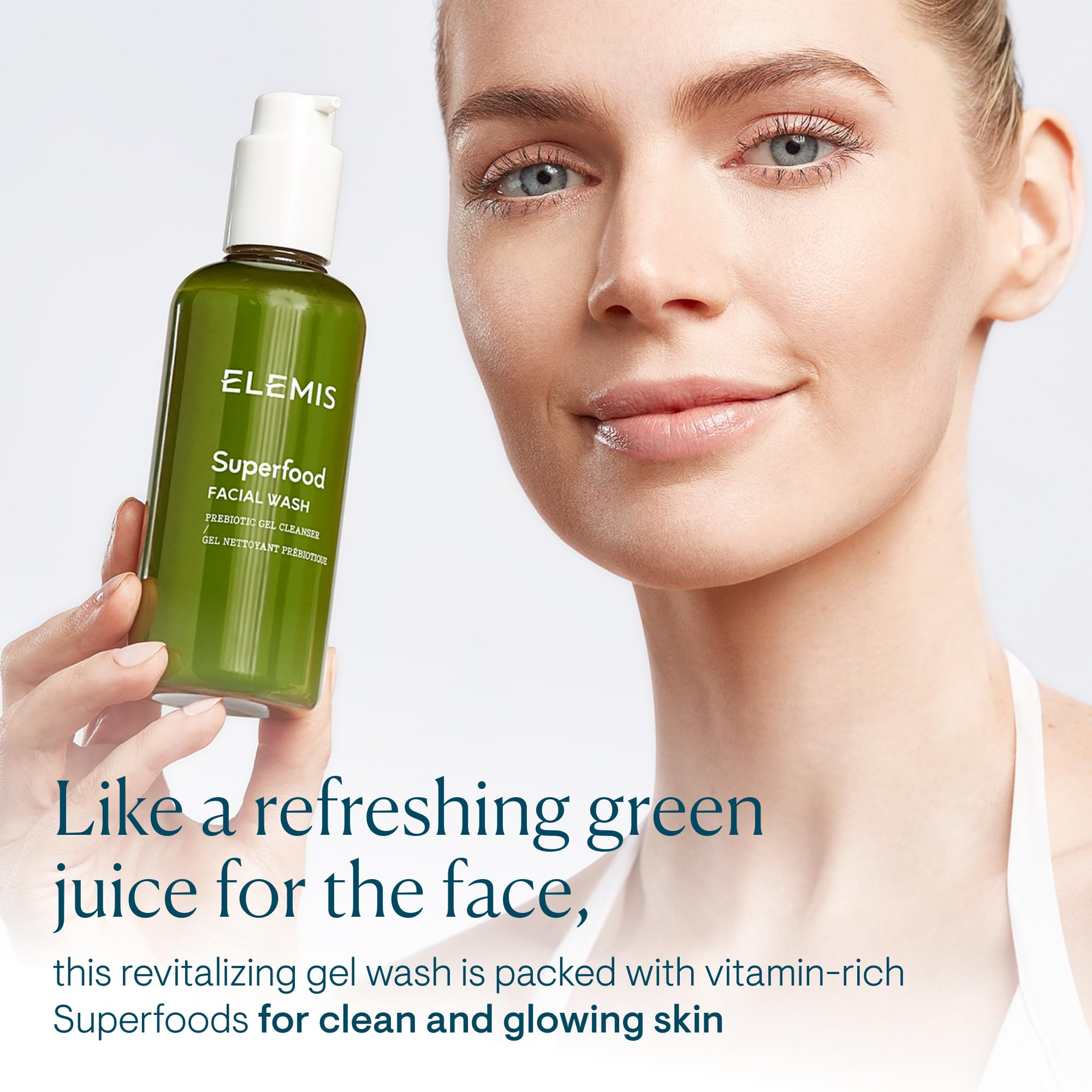 Elemis Superfood Facial Wash being pumped demonstrates easy, mess-free dispensing