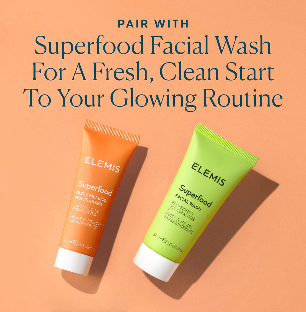 ELEMIS Superfood Glow Priming Moisturizer applied on face delivers radiant, dewy finish
