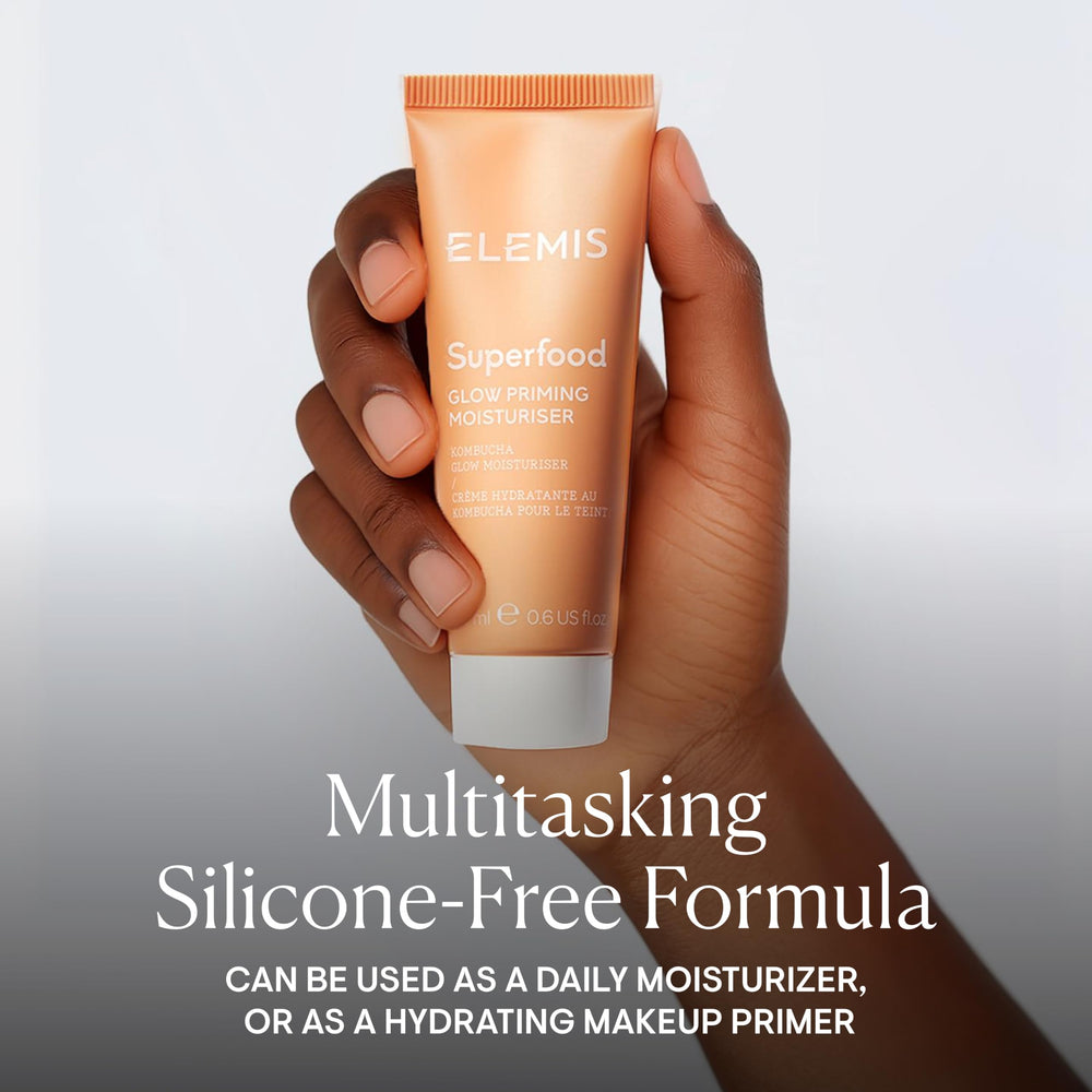ELEMIS Superfood Glow Priming Moisturizer on hand shows quick hydration and natural glow
