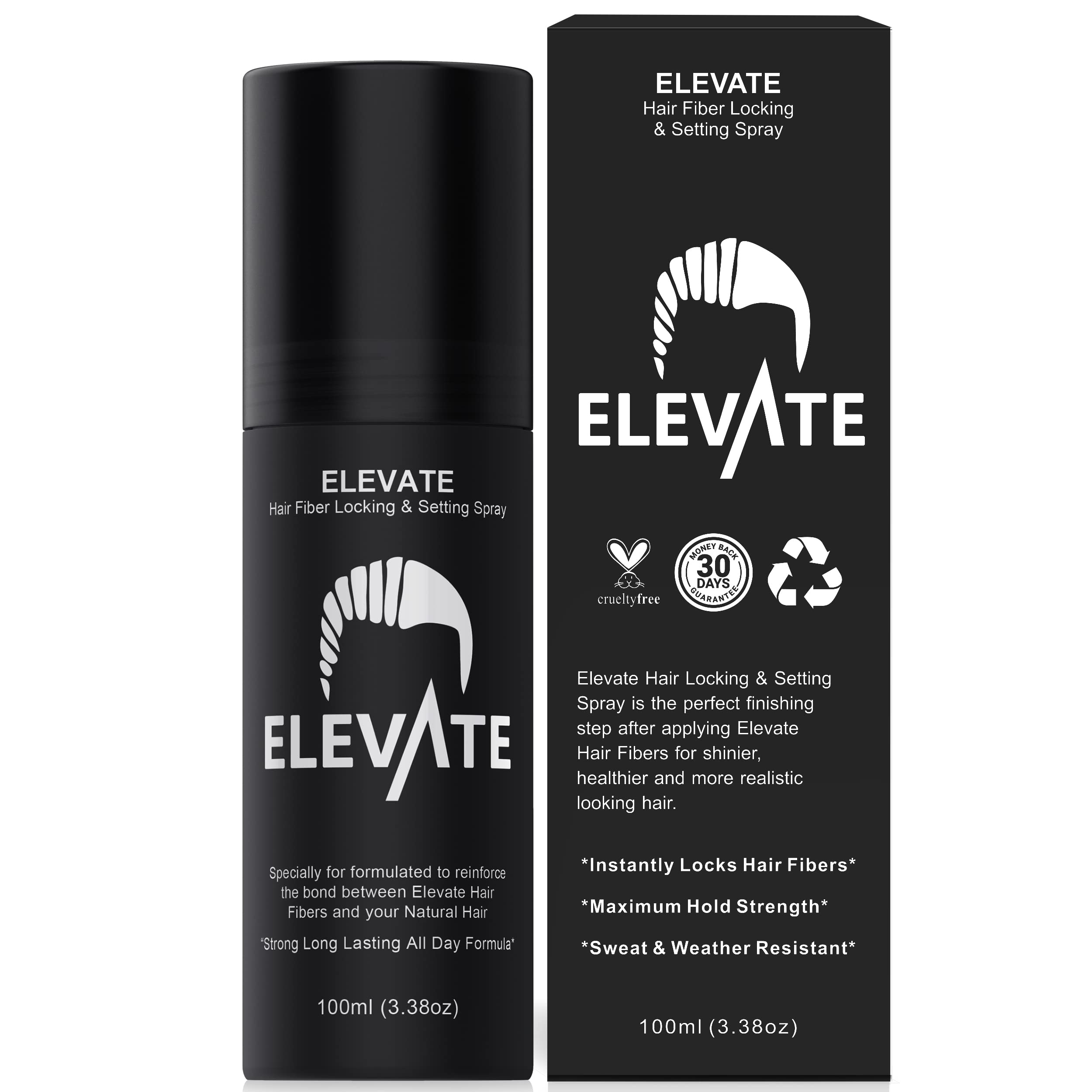 Elevate fijación de fibras capilares, botella, mantiene el look intacto todo el día.