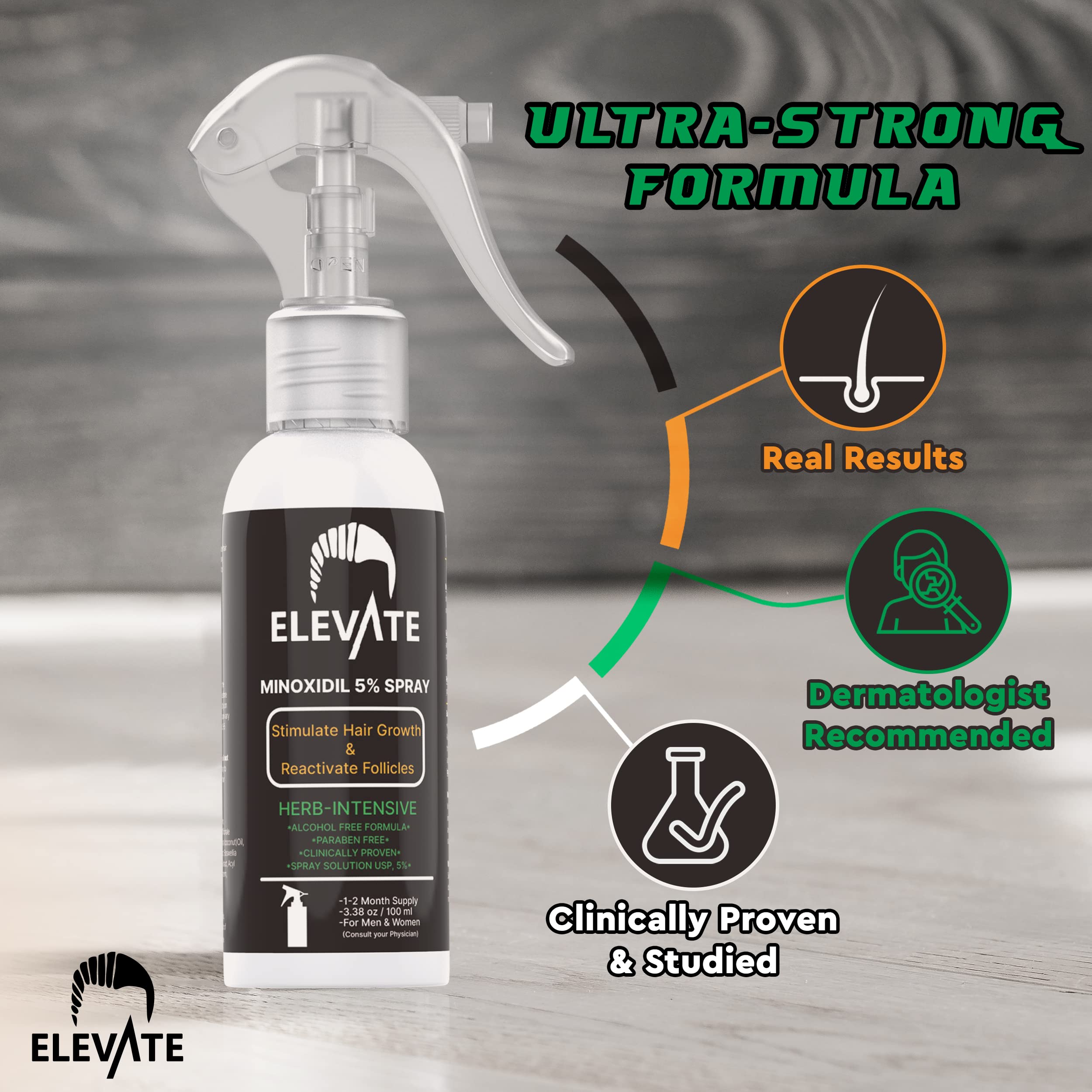 Elevate Minoxidil 5% spray, rociado preciso y absorción rápida sin grasa