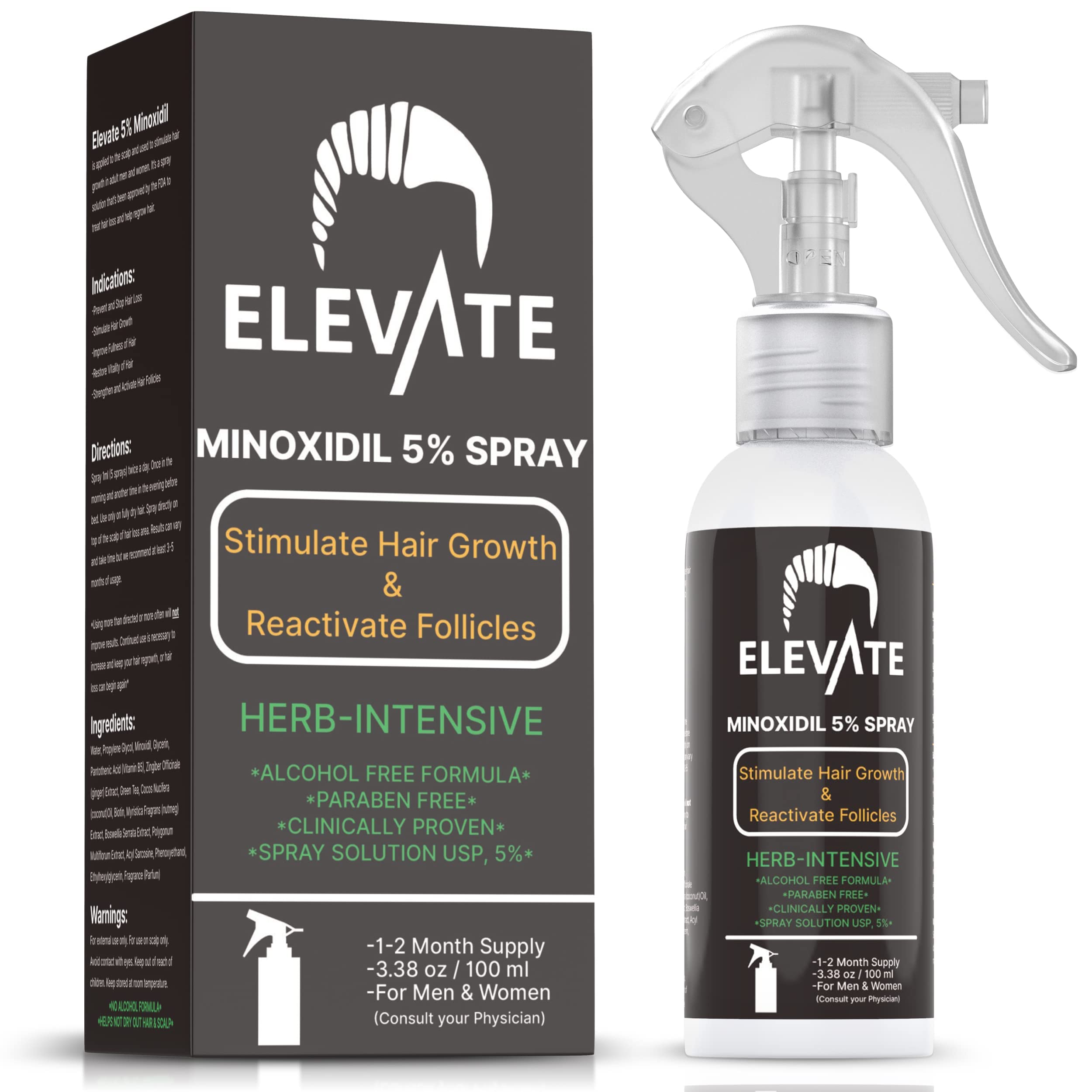 Elevate Minoxidil 5% spray envase, aplicación diaria fácil para el cuidado del cabello