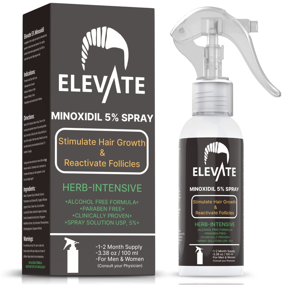 Elevate Minoxidil 5% spray envase, aplicación diaria fácil para el cuidado del cabello