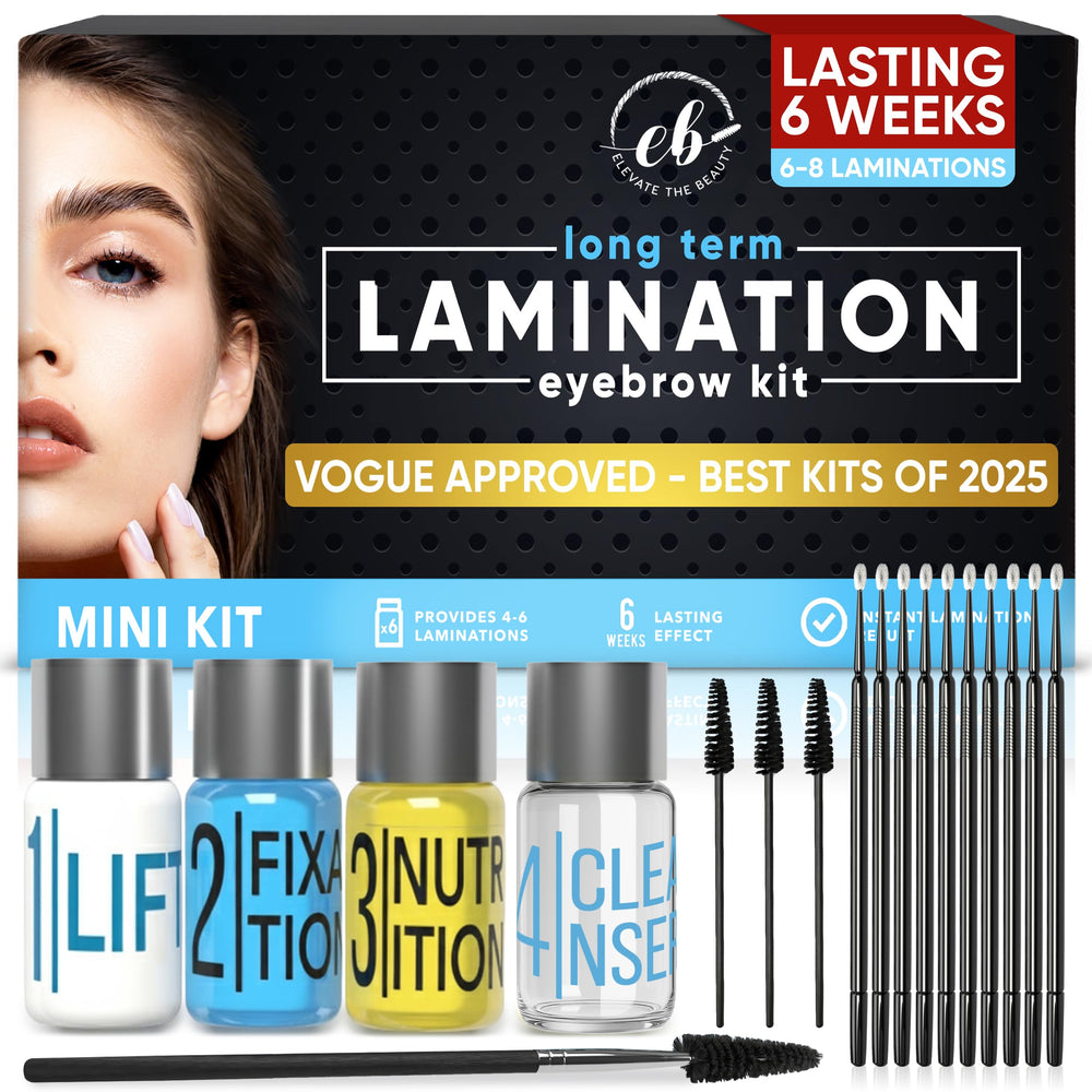 Elevate The Beauty Brow Lamination Kit packaging showing at-home brow transformation