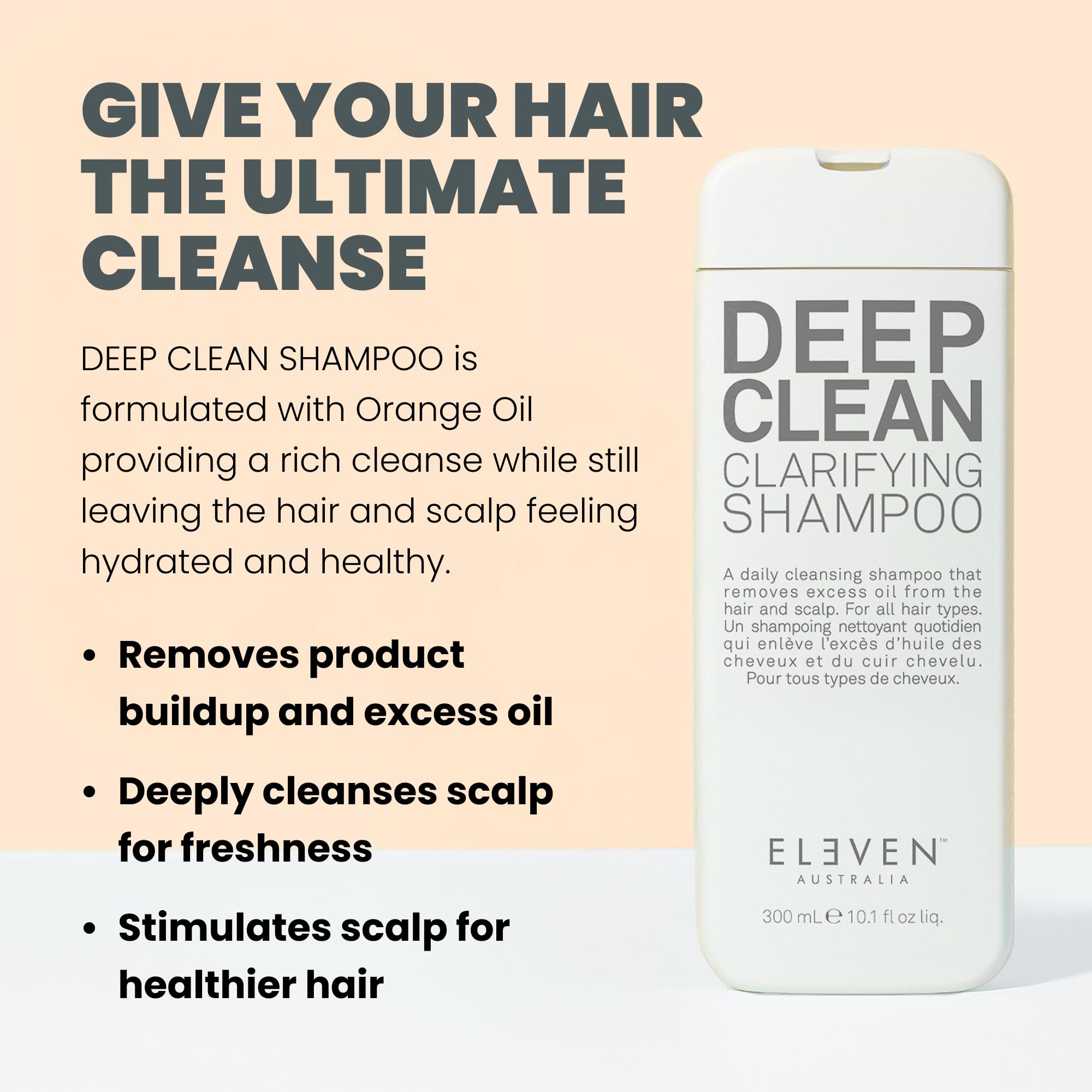 ELEVEN AUSTRALIA Deep Clean Clarifying Shampoo bottle-side label highlights vegan, gluten-free formula.