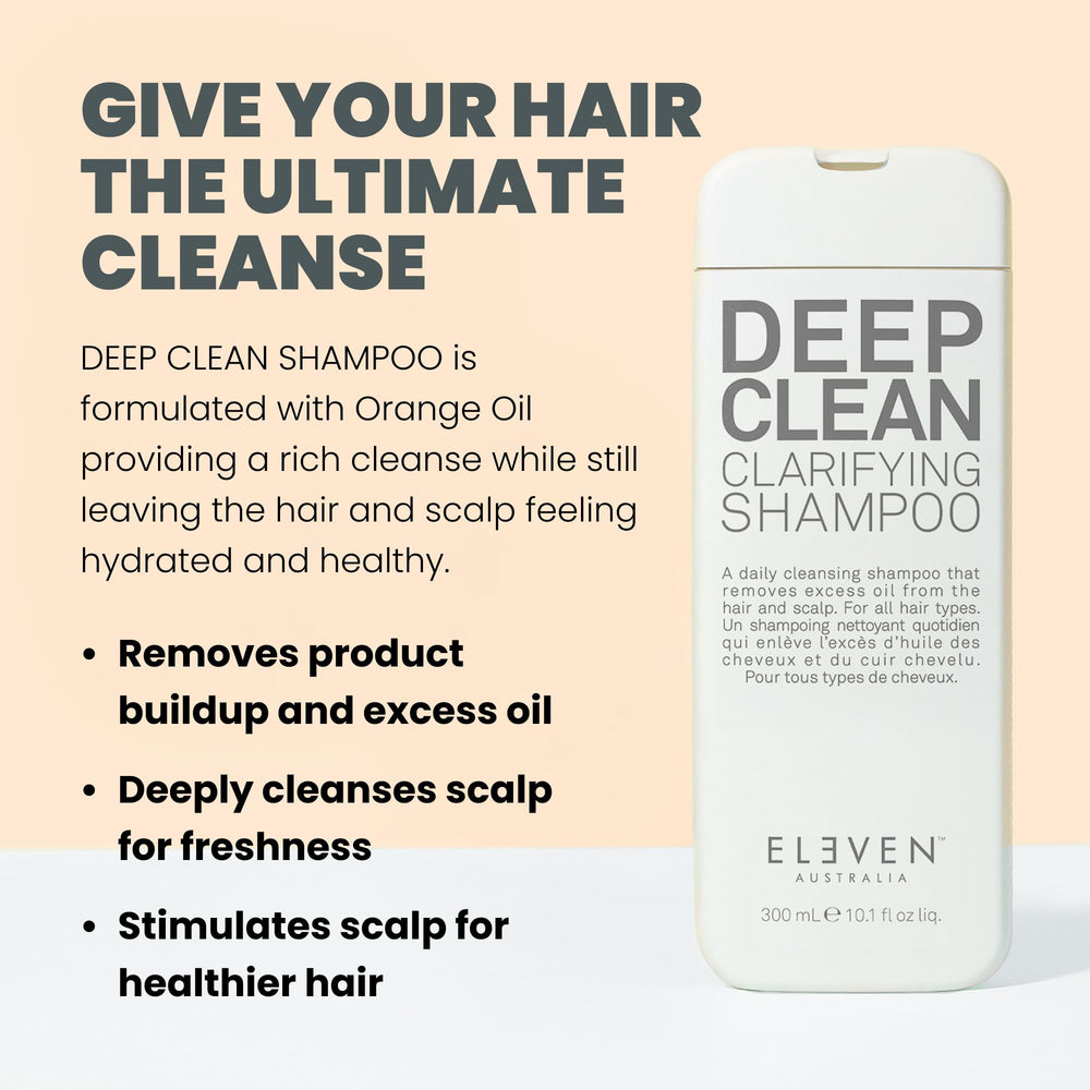 ELEVEN AUSTRALIA Deep Clean Clarifying Shampoo bottle-side label highlights vegan, gluten-free formula.