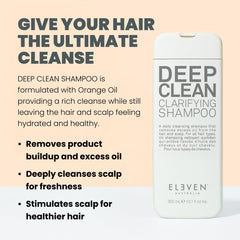 ELEVEN AUSTRALIA Deep Clean Clarifying Shampoo bottle-side label highlights vegan, gluten-free formula.