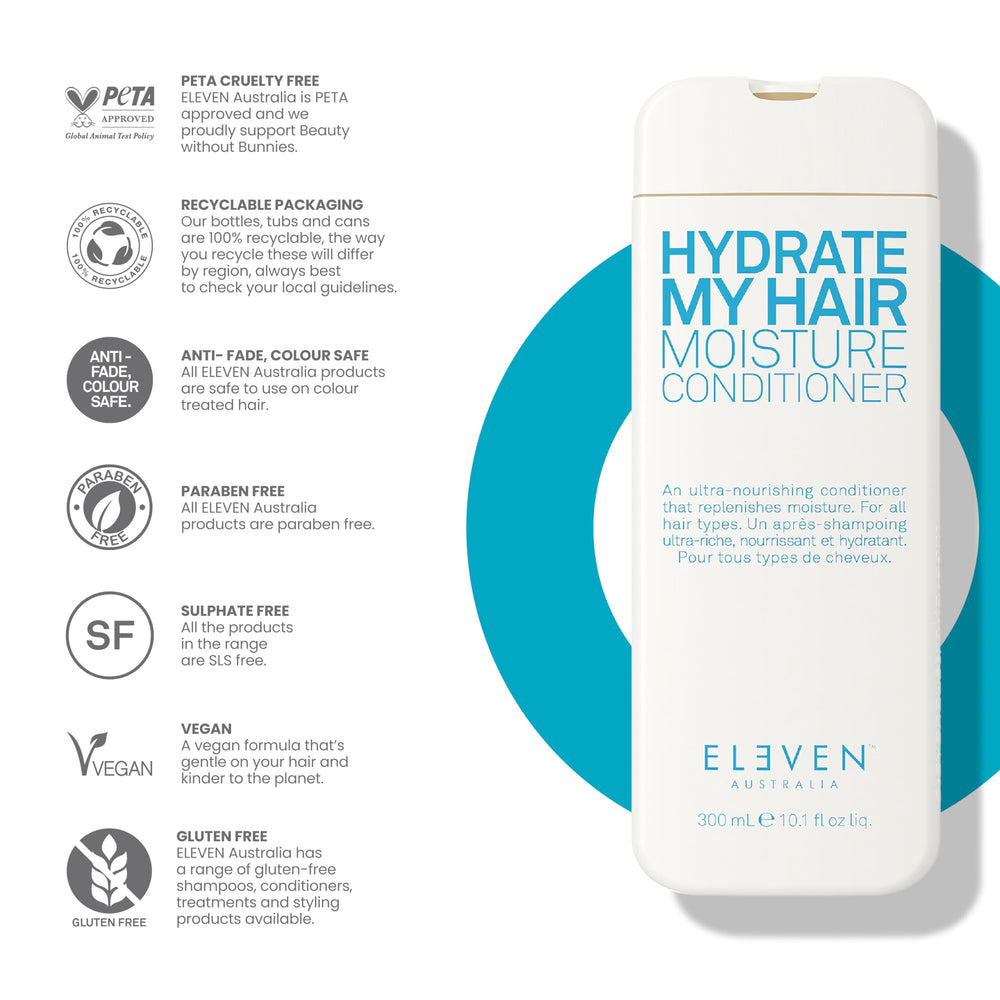 ELEVEN AUSTRALIA Hydrate My Hair color-safe label highlights non-color-damaging care