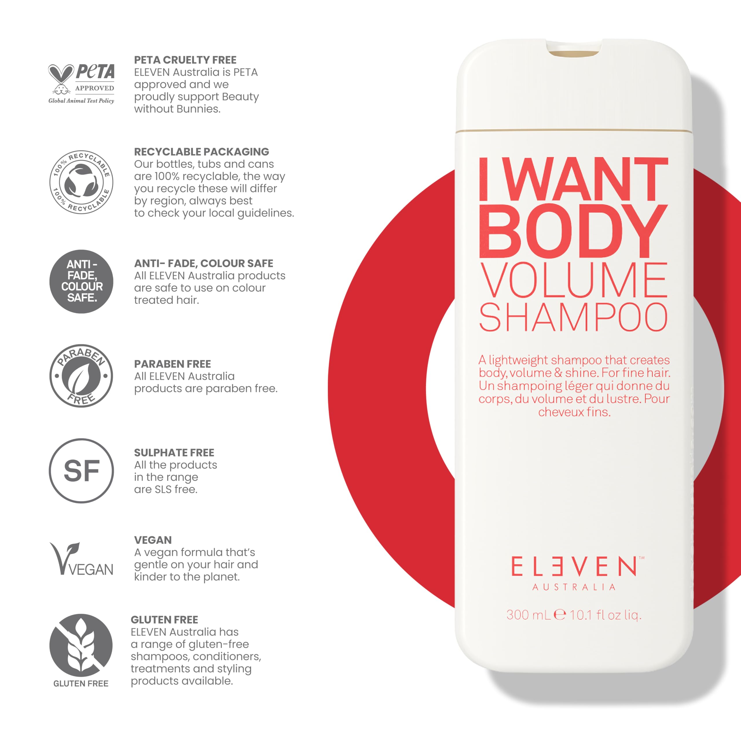 ELEVEN AUSTRALIA I Want Body Volume Shampoo packaging front view.