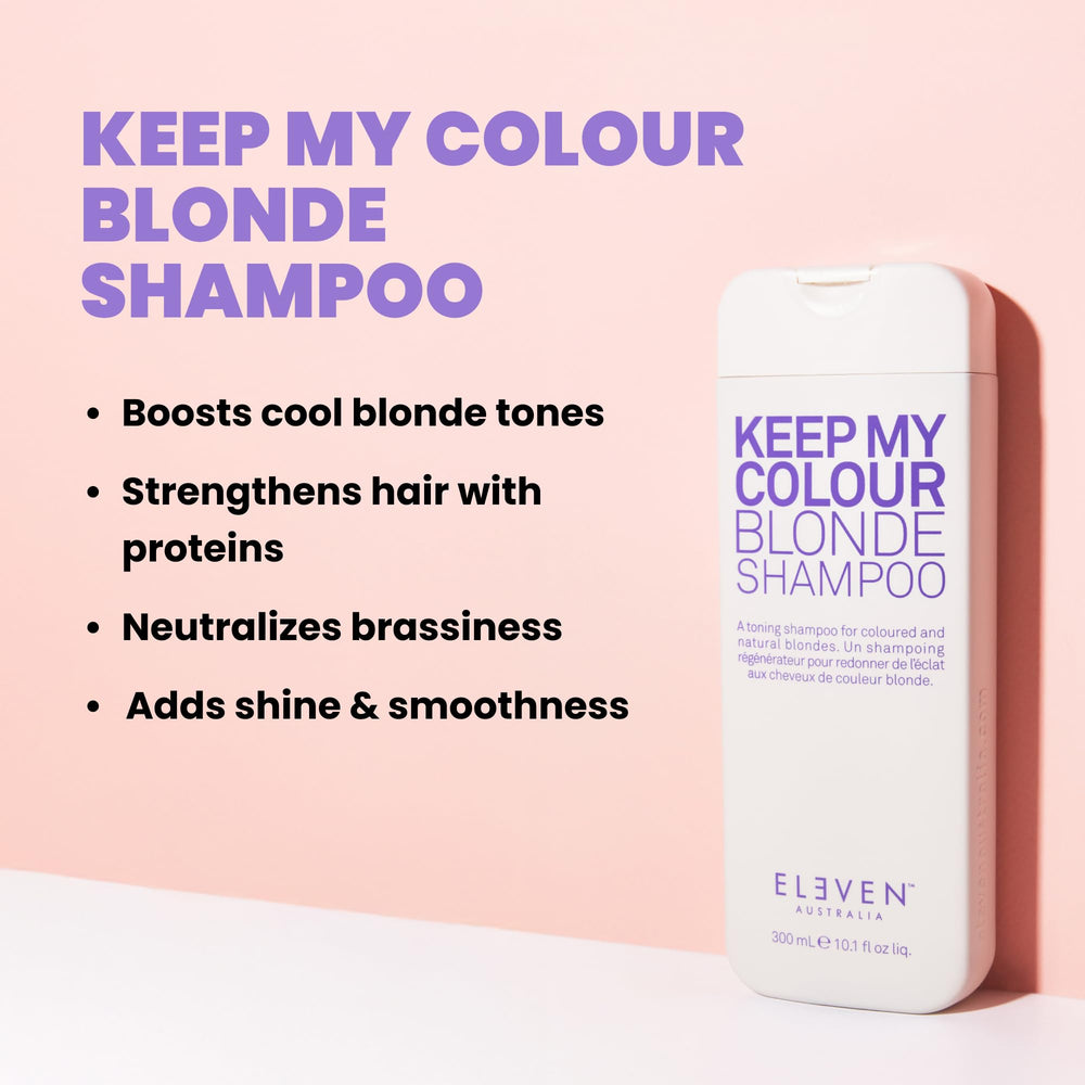 ELEVEN AUSTRALIA Keep My Colour Blonde Shampoo label closeup shows Ext Violet 2 for brassiness control