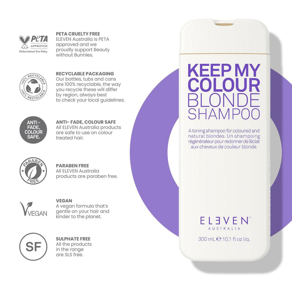 ELEVEN AUSTRALIA Keep My Colour Blonde Shampoo pump bottle on white background shows easy dispensing