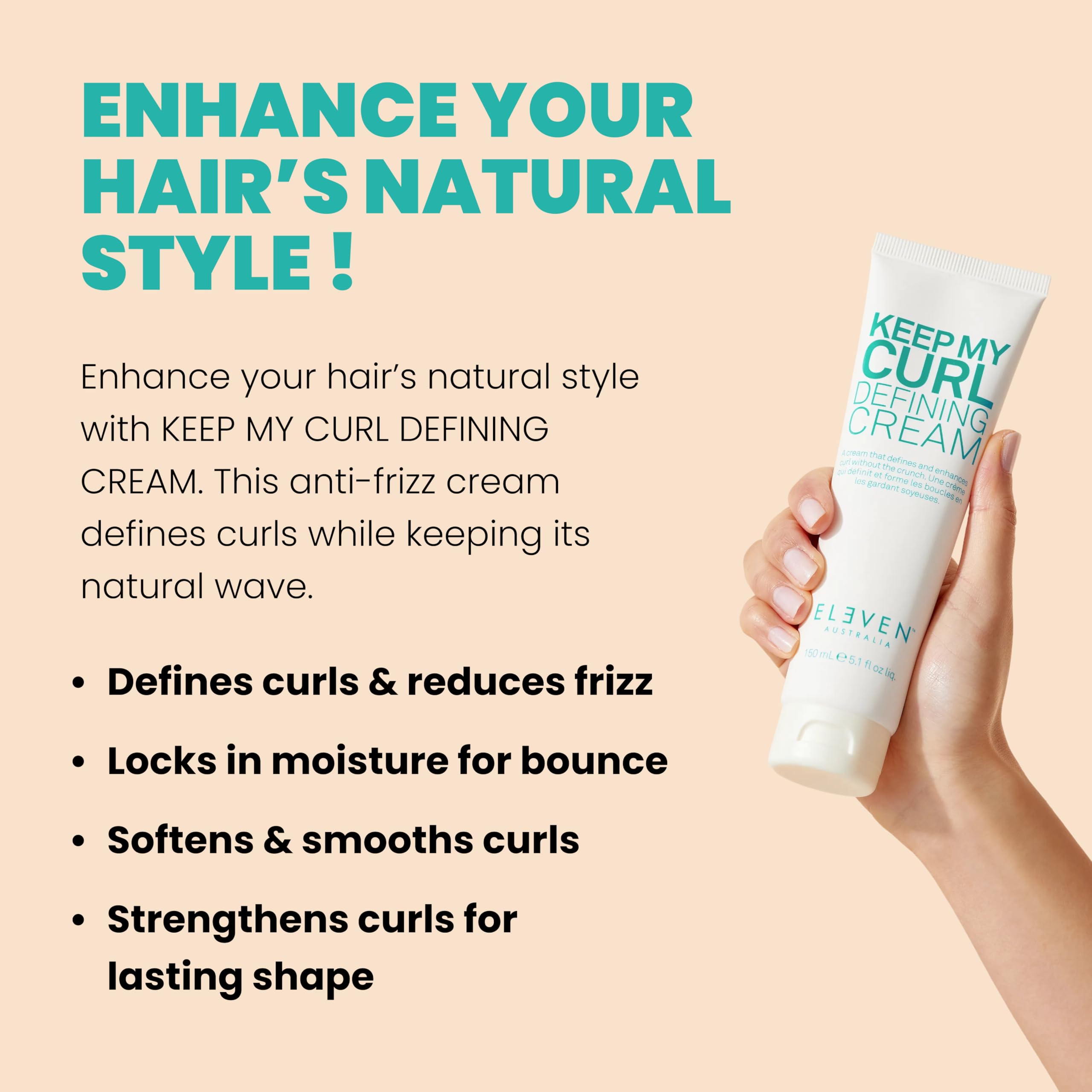 Close-up of shiny, defined curls with ELEVEN AUSTRALIA Keep My Curl Defining Cream