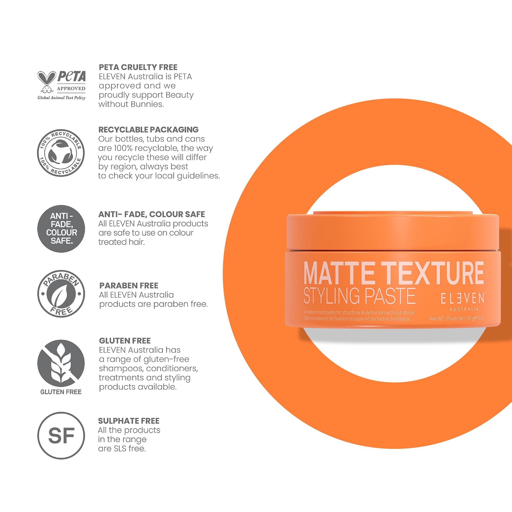 ELEVEN AUSTRALIA Matte Texture Styling Paste packaging setup for grooming routine.