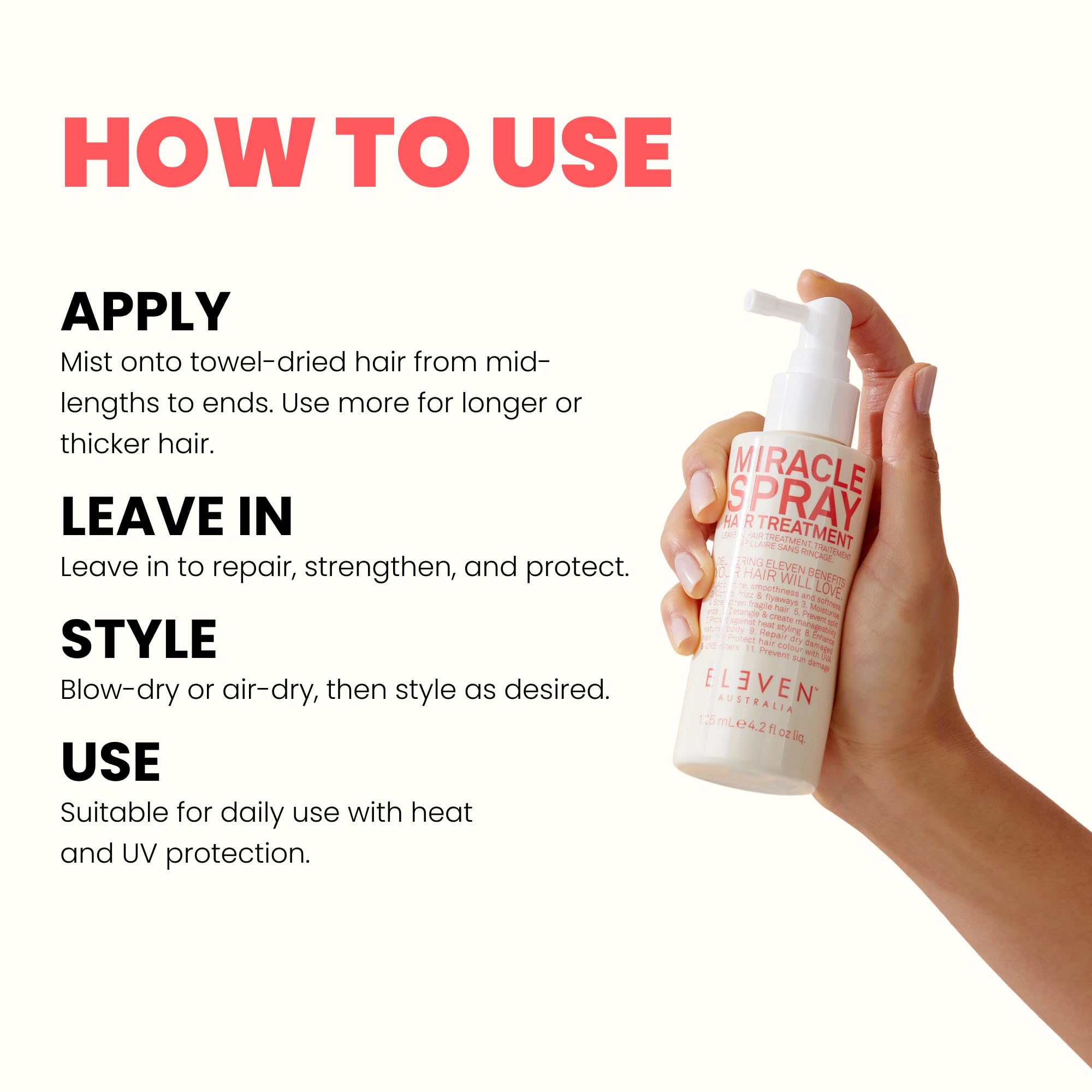 ELEVEN AUSTRALIA Miracle Leave-In hair application on textured hair demonstrates smoothing and softness