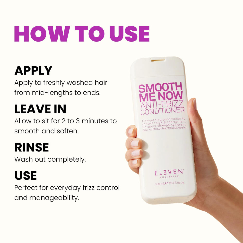 ELEVEN AUSTRALIA Smooth Me Now hair strands frizz closeup demonstrates smoothing effect