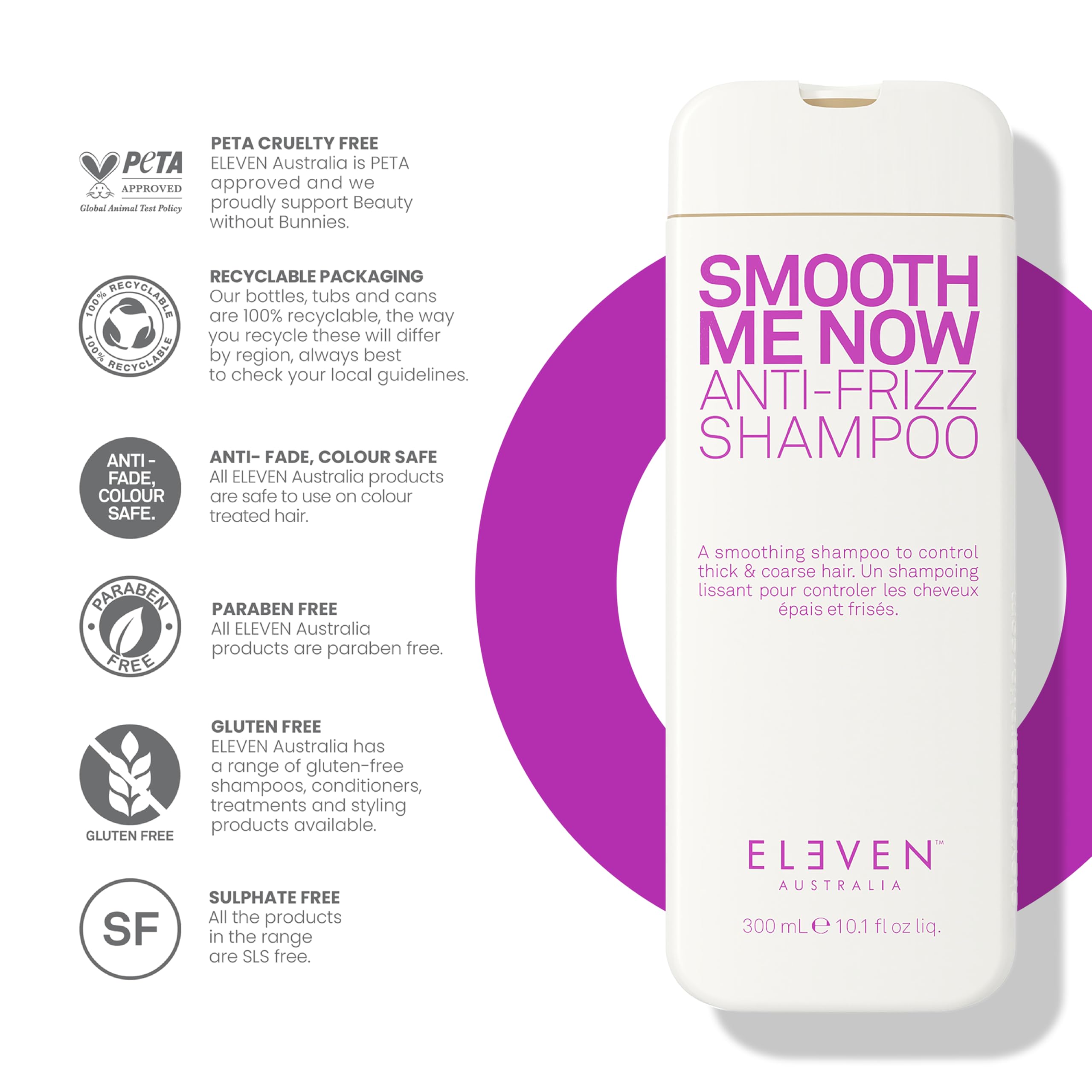 ELEVEN AUSTRALIA Smooth Me Now shampoo back of bottle with usage tips for frizz control.
