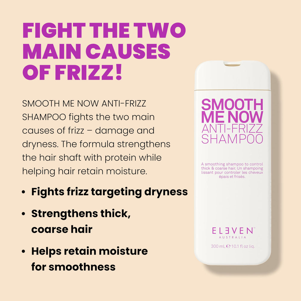 ELEVEN AUSTRALIA Smooth Me Now shampoo label detail highlighting nourishing ingredients.