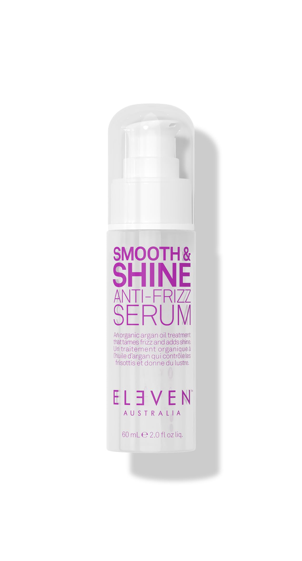 ELEVEN AUSTRALIA Smooth & Shine serum bottle showing frizz control and shine benefits