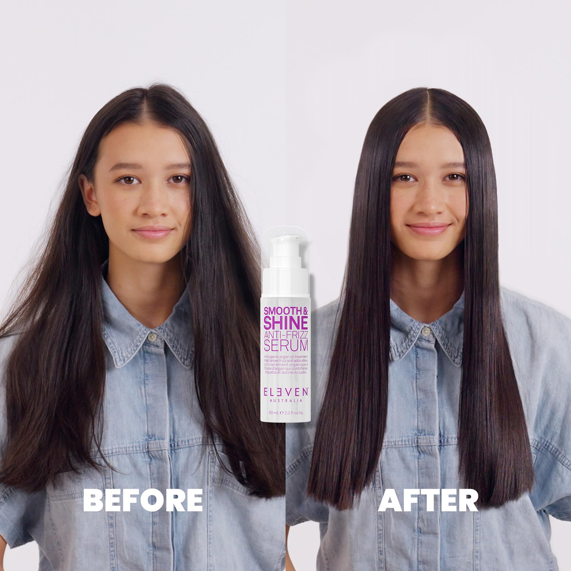 Hair with ELEVEN AUSTRALIA Smooth & Shine serum delivers smoothness and gloss
