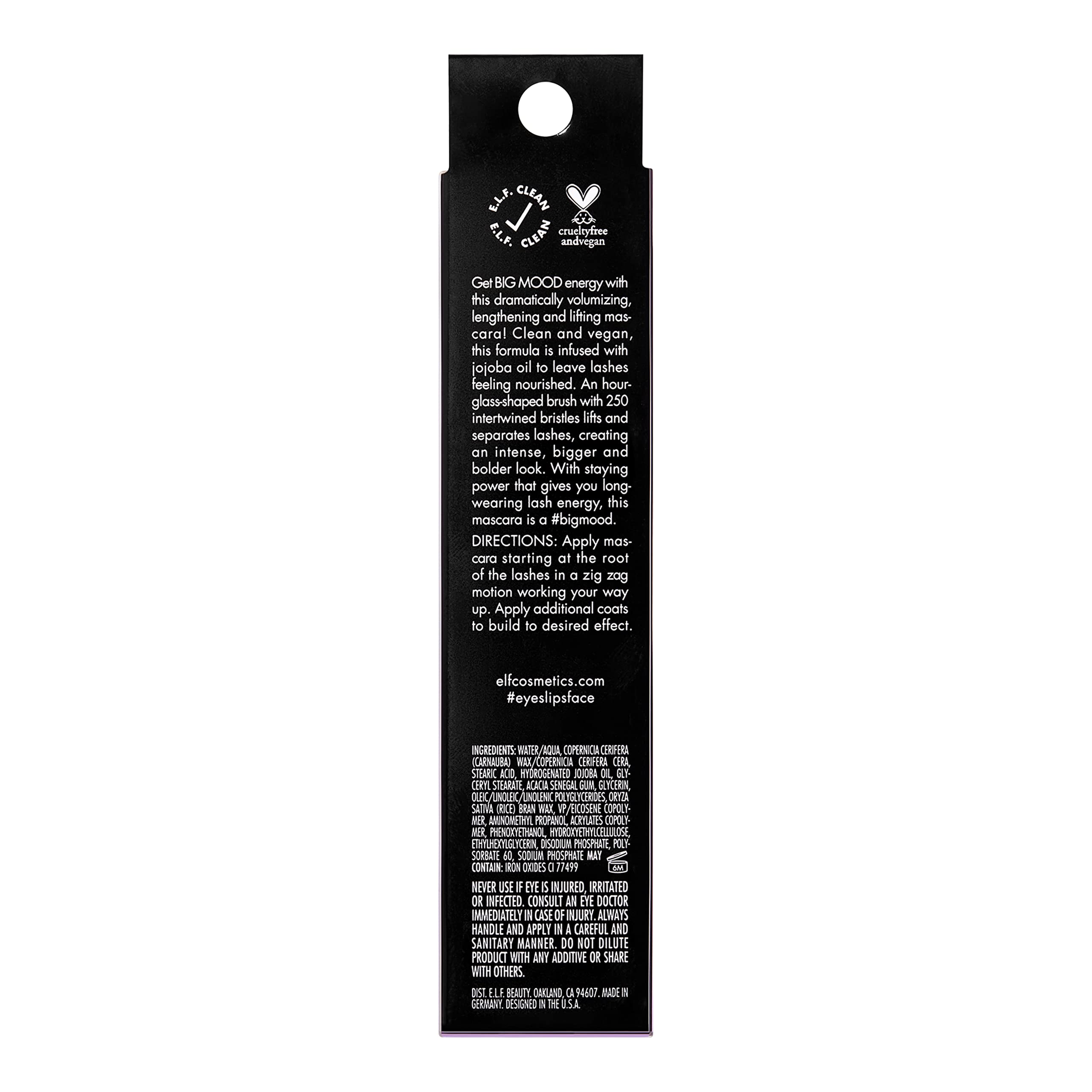 e.l.f. Big Mood Mascara crea rizo duradero para pestañas elevadas.