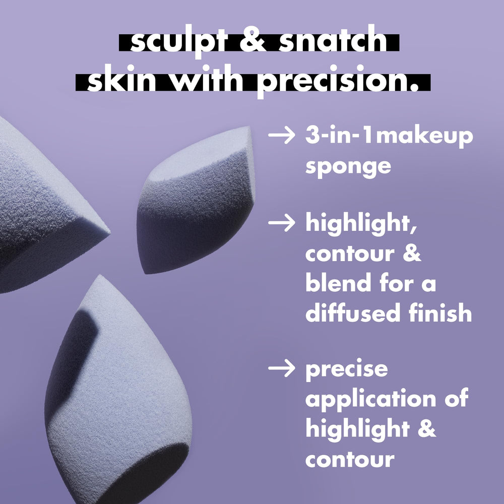 e.l.f. sponge blends creams and powders for a diffused look.
