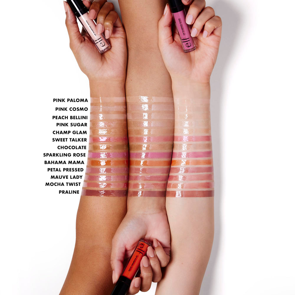 e.l.f. brillo labial voluminizante con vitamina E para labios nutridos.