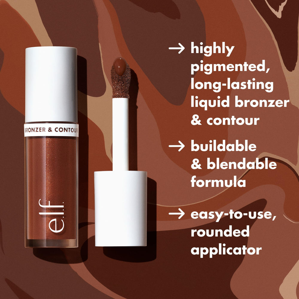Swatch and blend demonstration of e.l.f. Camo Liquid Bronzer & Contour for natural shading.
