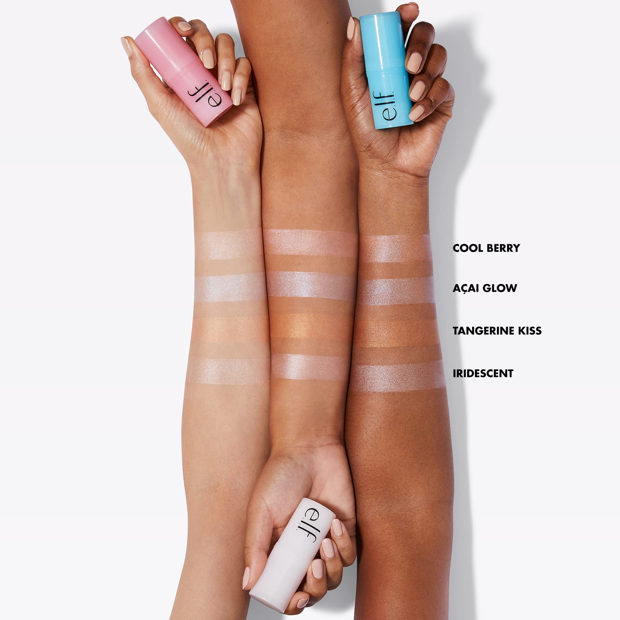 e.l.f. Daily Dew Stick iridescent shade swatches with subtle pearl luminosity.