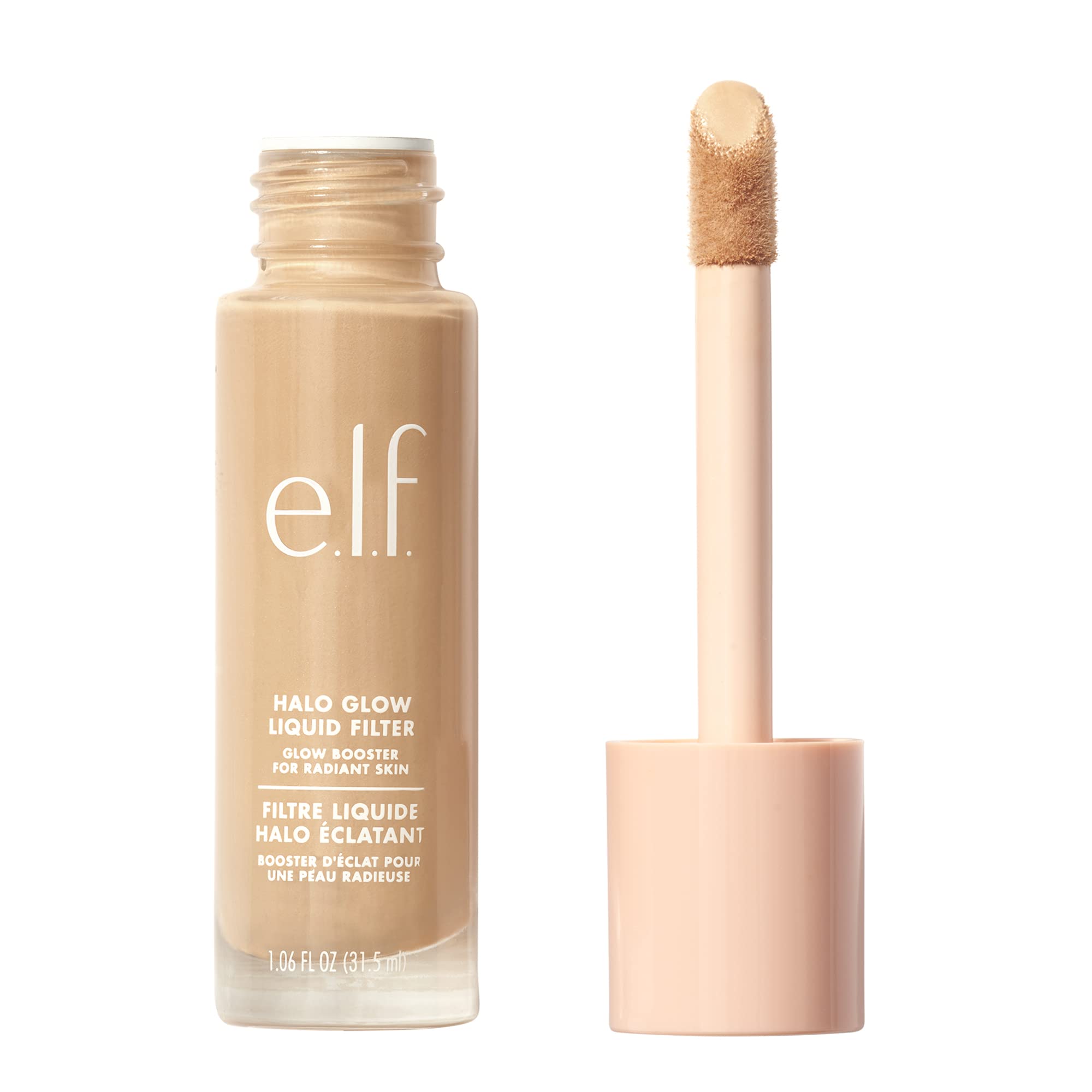 e.l.f. Halo Glow Liquid Filter: botella vertiendo para un brillo suave y natural