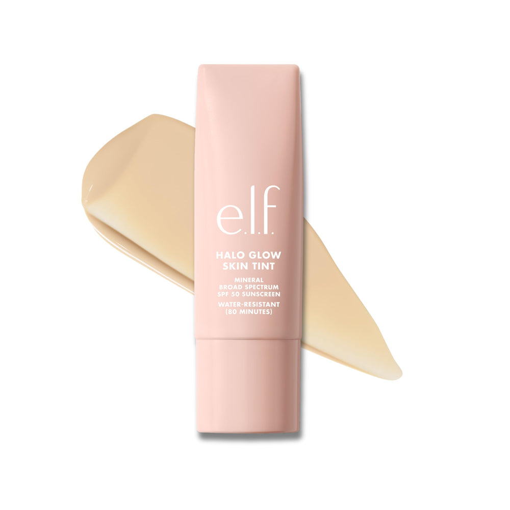e.l.f. Halo Glow Skin Tint envase y protección mineral SPF 50 sin rastro blanco