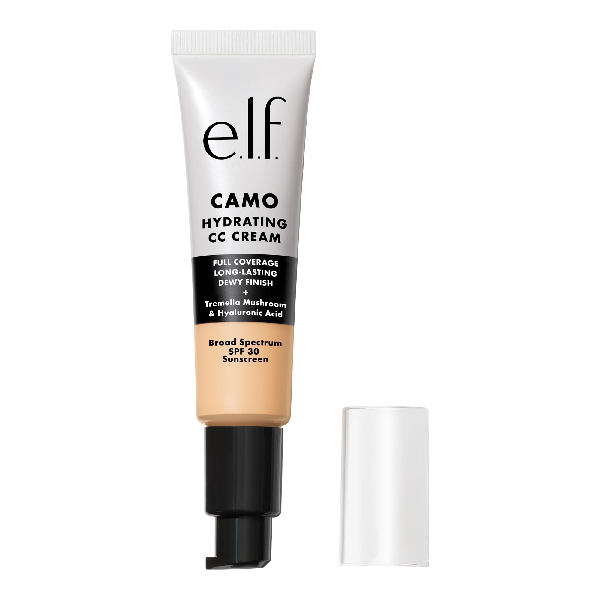 e.l.f. Hydrating Camo CC Cream en bote, acabado luminoso y cobertura uniforme.