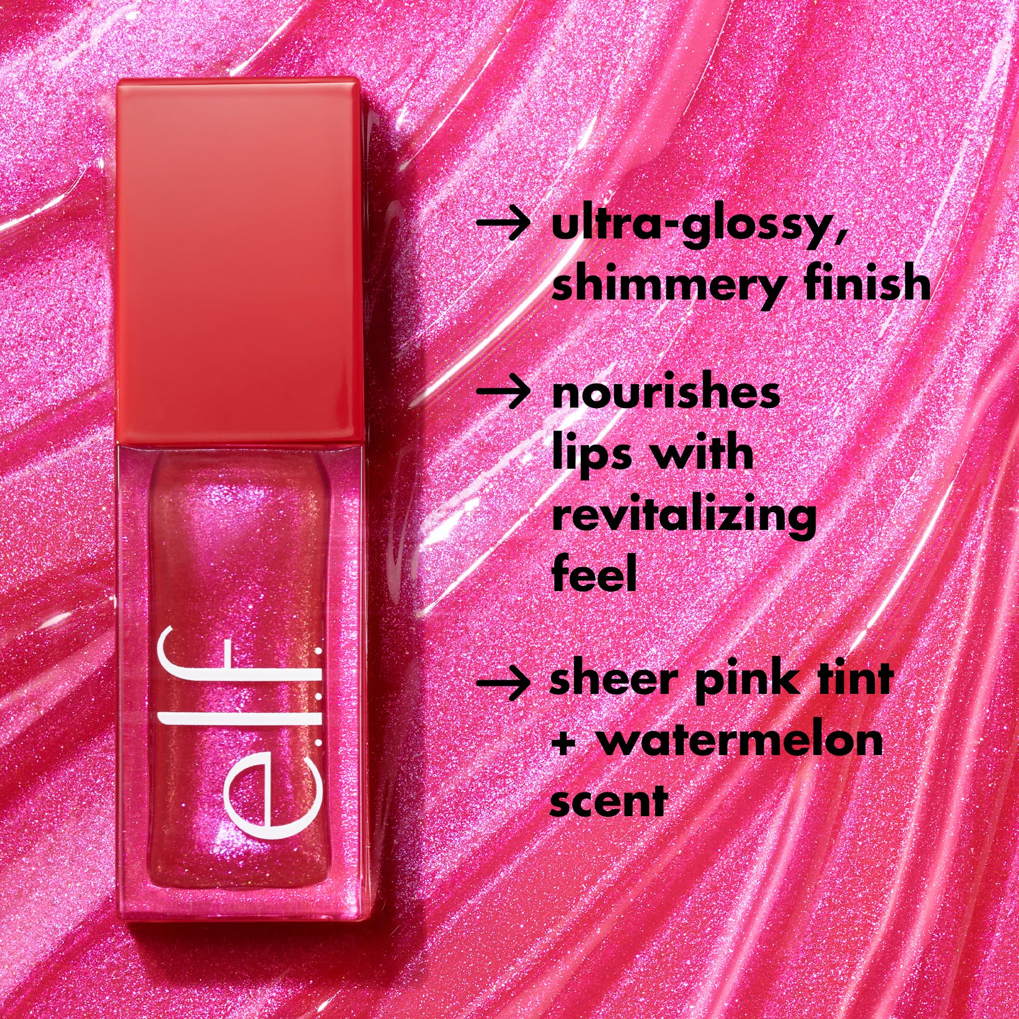e.l.f. Jelly Pop Glow Reviver Lip Oil application swatch showing smooth glide from plush applicator.