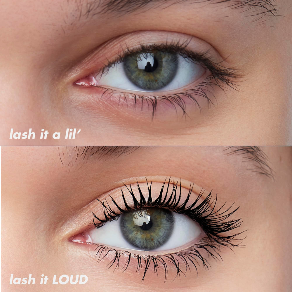 e.l.f. Lash It Loud Mascara Mini wand demonstrates vertical and horizontal bristles for defined volume.