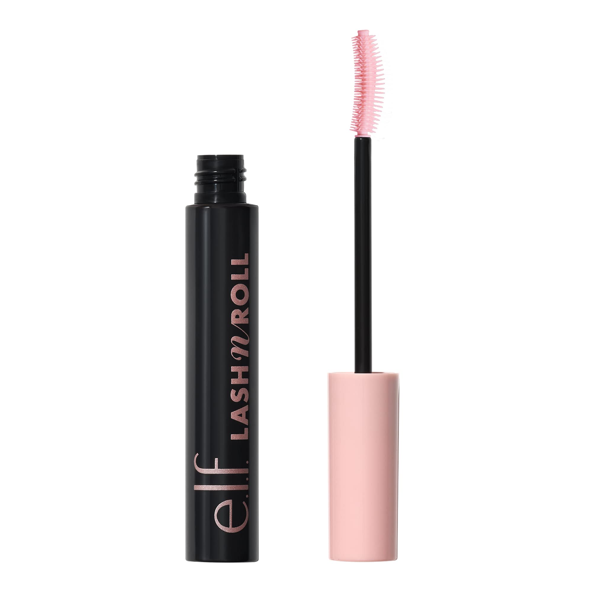 e.l.f. Lash 'N Roll mascara bottle close-up highlighting curved design for easy curling.