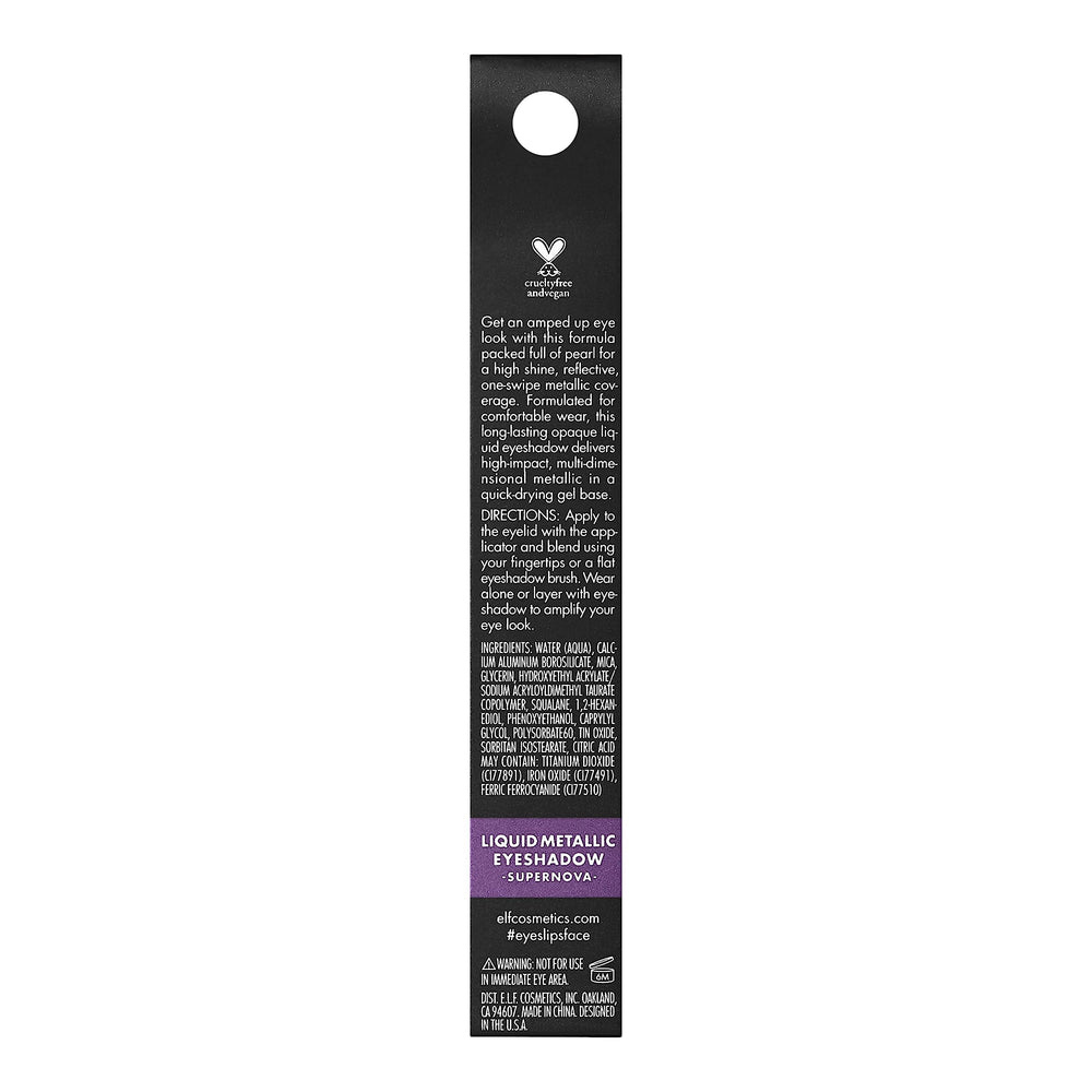 e.l.f. Liquid Metallic Eyeshadow Supernova bottle closeup highlights quick-drying gel formula