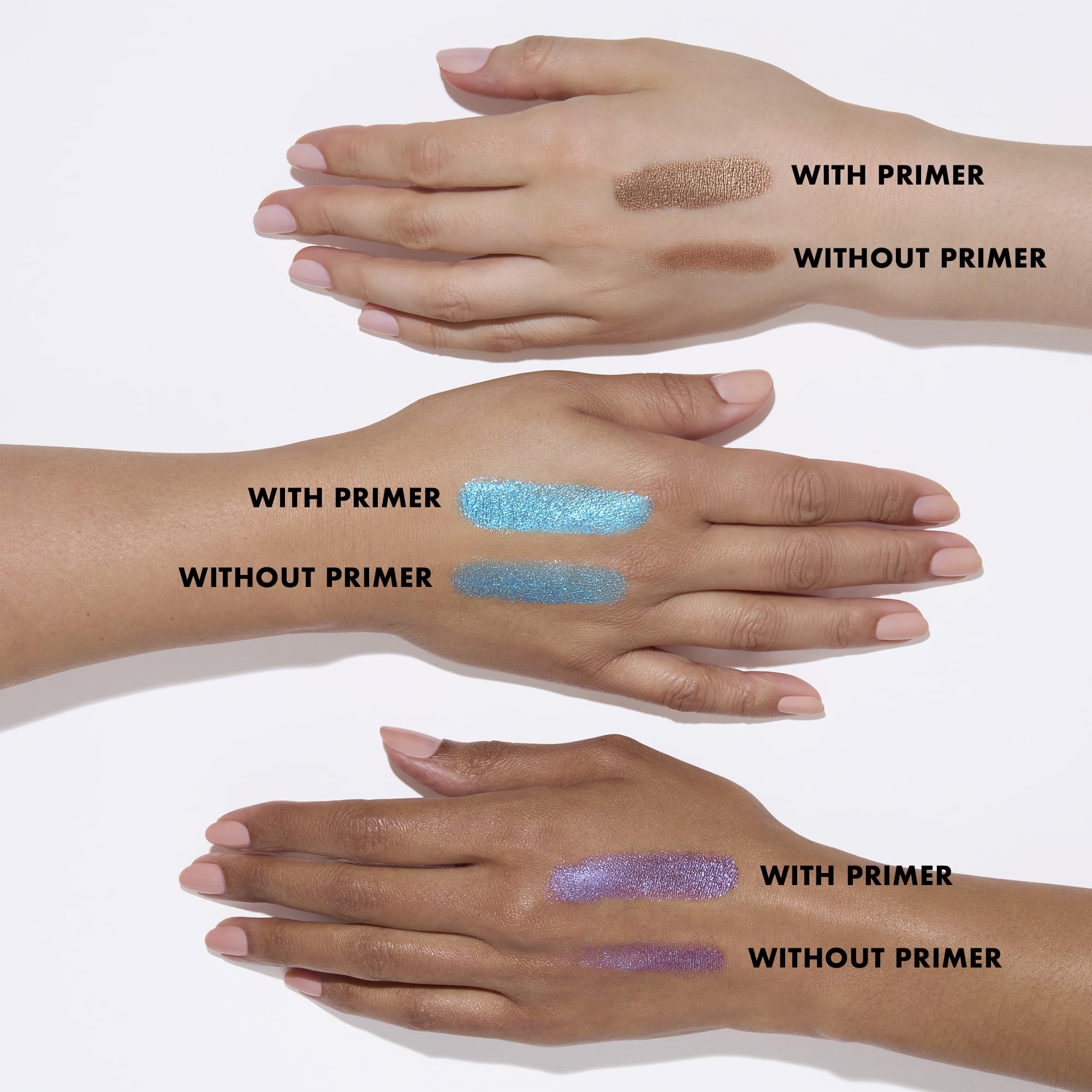 Swatch of e.l.f. Lock It Down primer demonstrating color intensification with shadows.