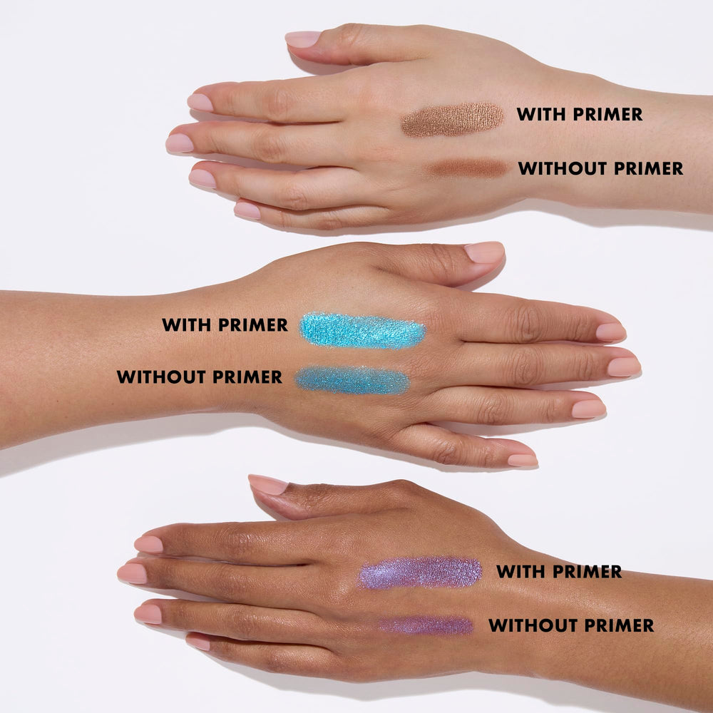 Swatch of e.l.f. Lock It Down primer demonstrating color intensification with shadows.