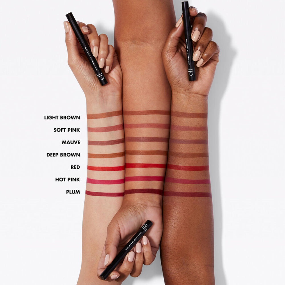Lip color swatch on lips shows high-pigment payoff.