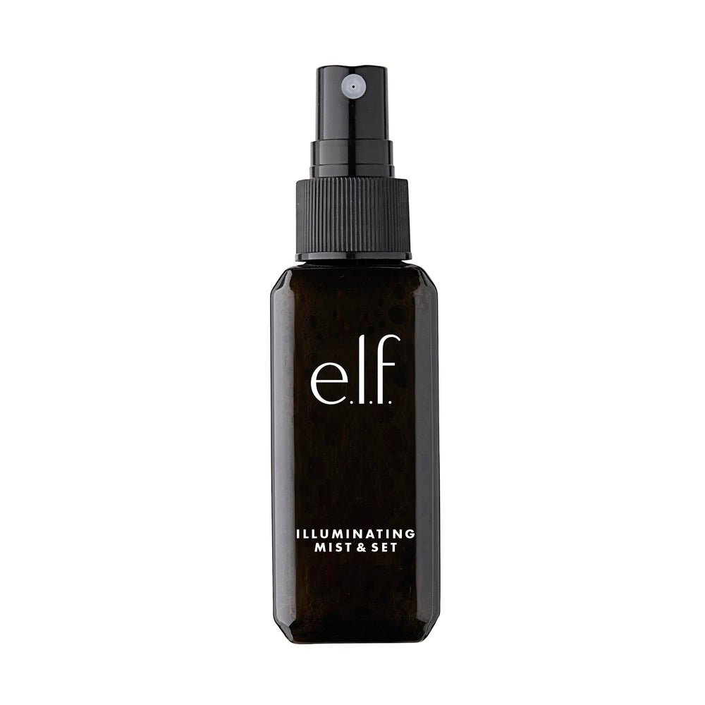 e.l.f. Lumious Mist & Set, botella frontal, aporta brillo suave y fijación ligera