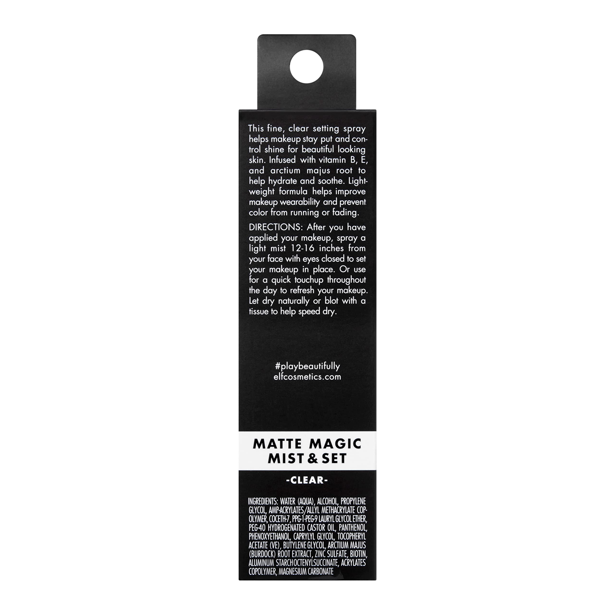 e.l.f. Matte Magic Mist & Set packaging display highlights lightweight formula.