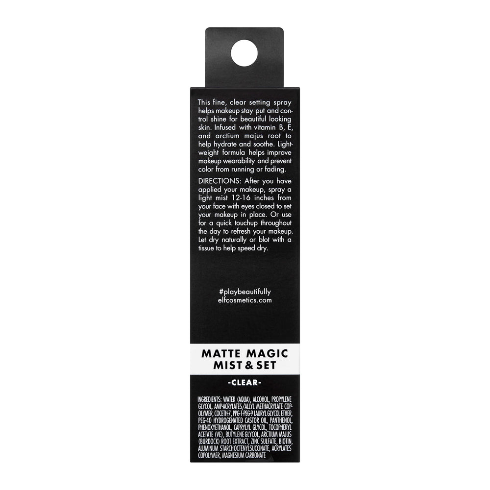 e.l.f. Matte Magic Mist & Set packaging display highlights lightweight formula.