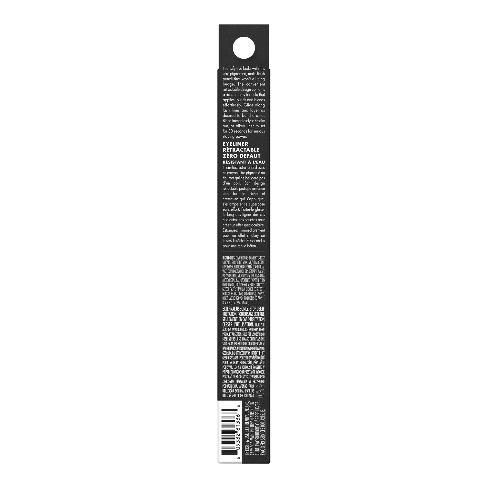 e l f No Budge packaging highlighting travel-friendly retractable design