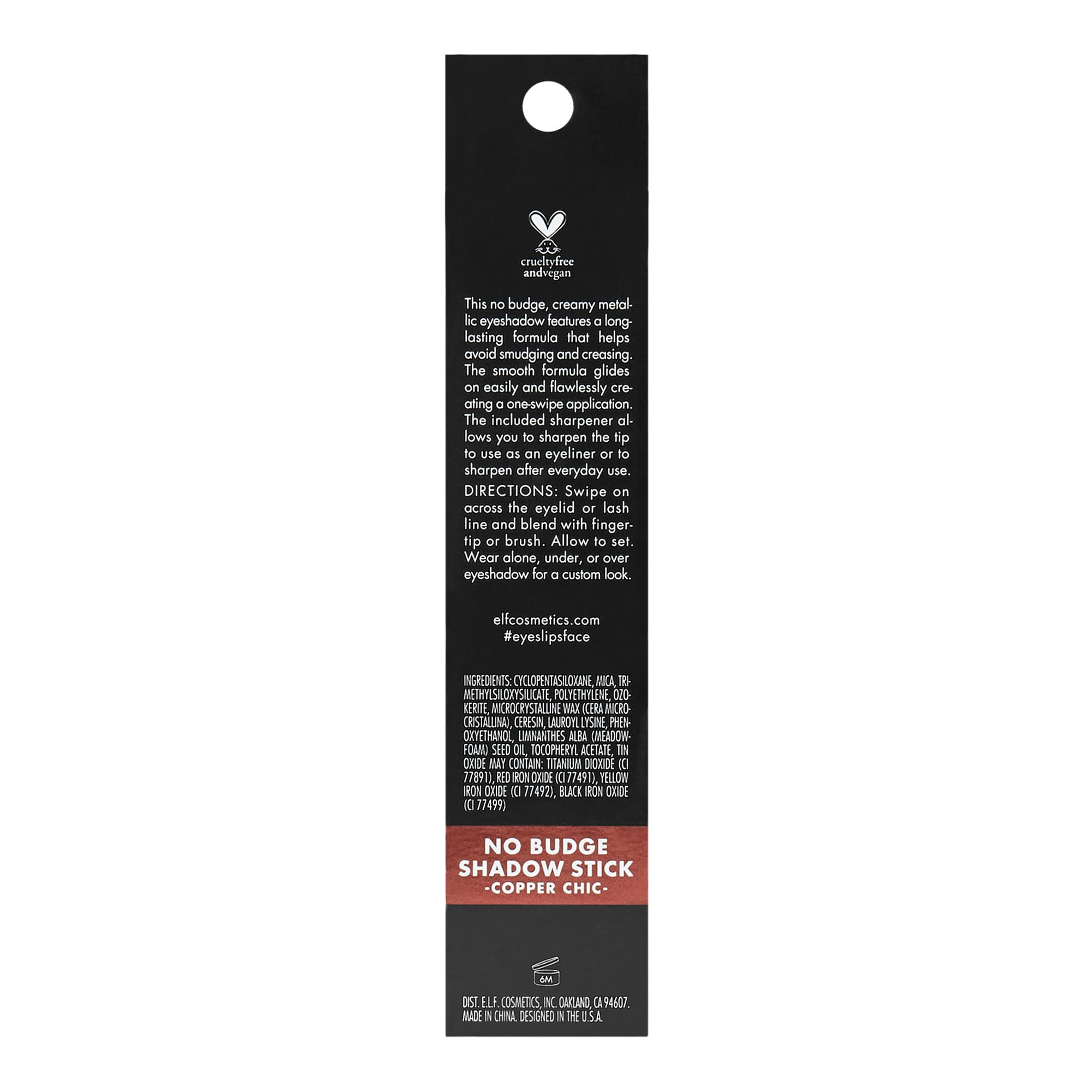 e.l.f. No Budge Shadow Stick highlights vegan and cruelty-free status.