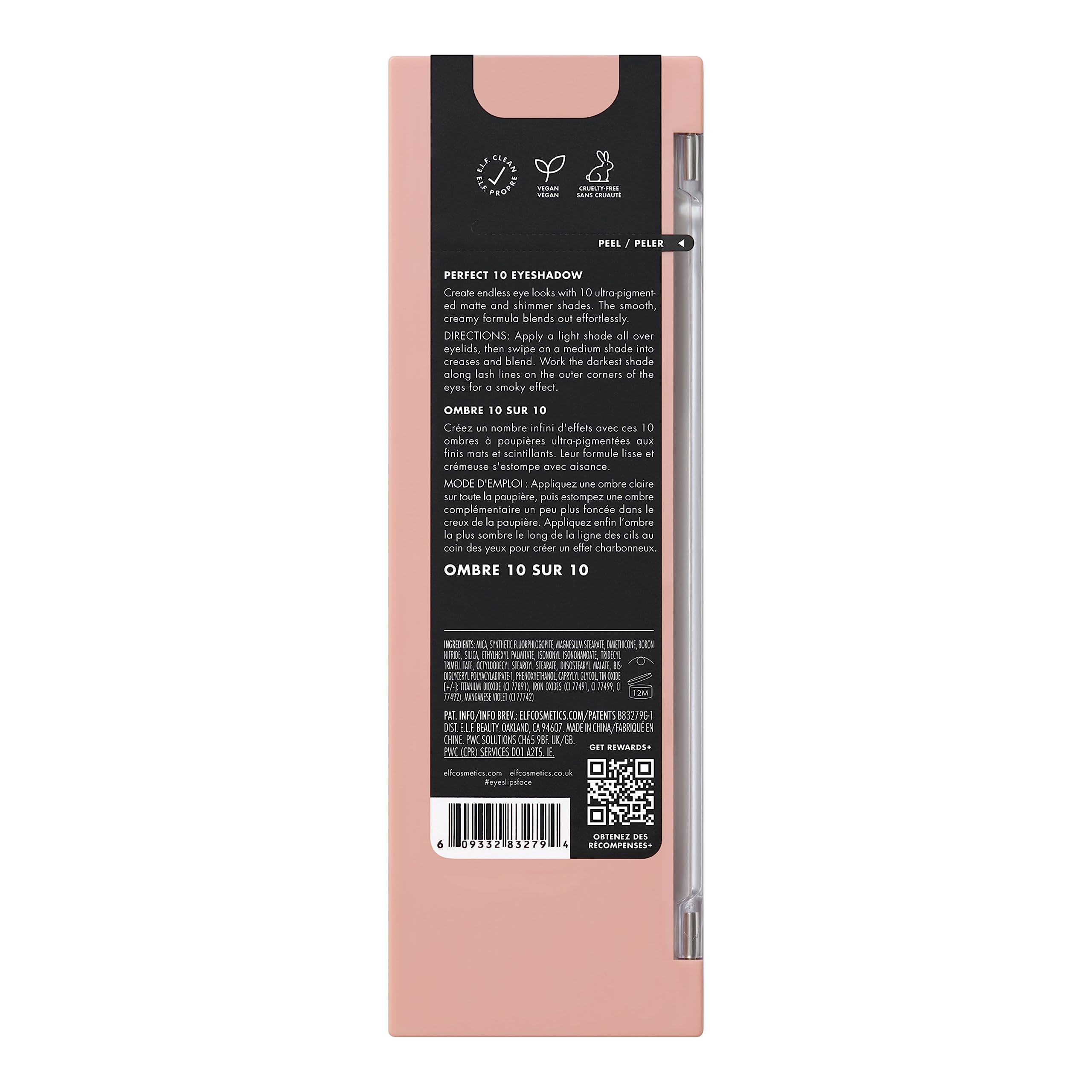 e.l.f. Perfect 10 Eyeshadow Palette: fórmula vegana y libre de crueldad certificada Leaping Bunny.