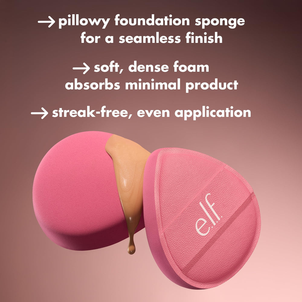 e.l.f. Pillow Puff sponge in action blending foundation for streak-free finish.