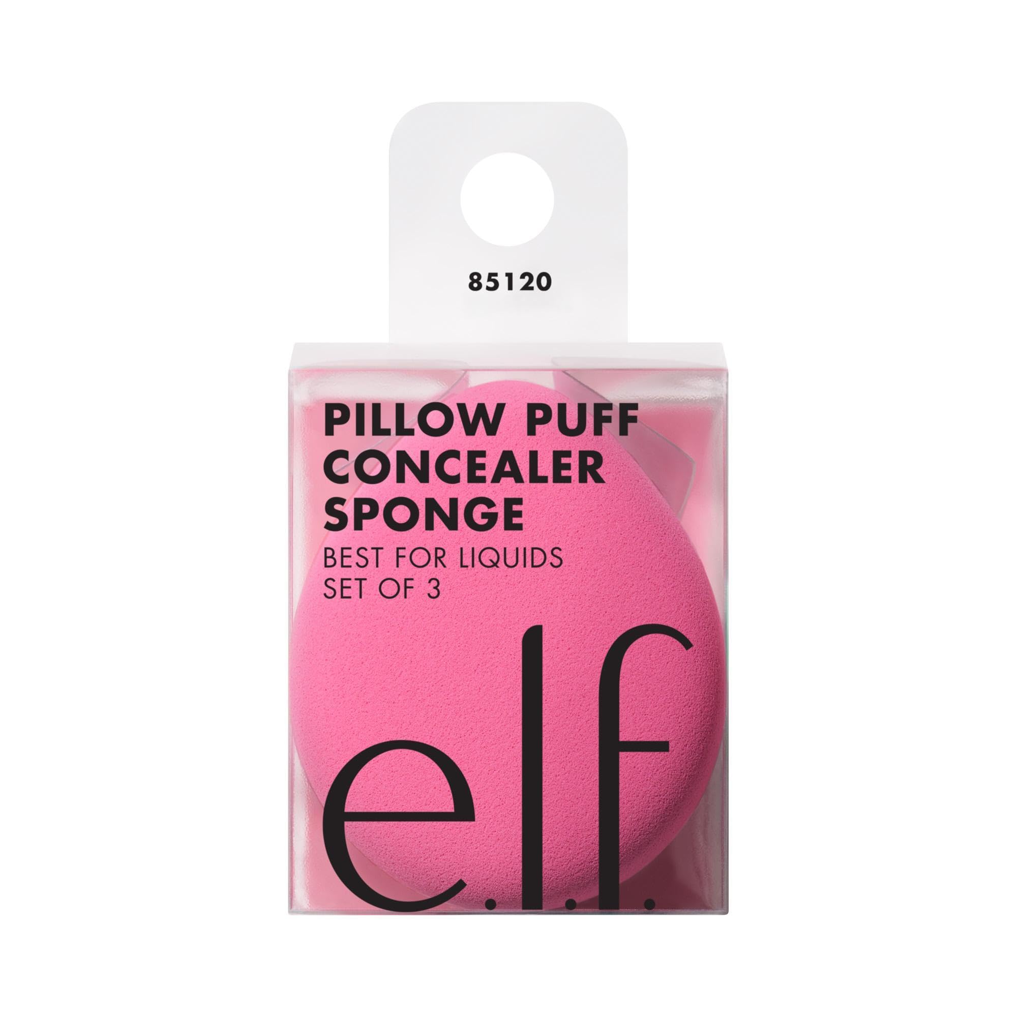 e.l.f. Pillow Puff Foundation Sponge close-up highlights dense foam for minimal absorption and smooth blending.