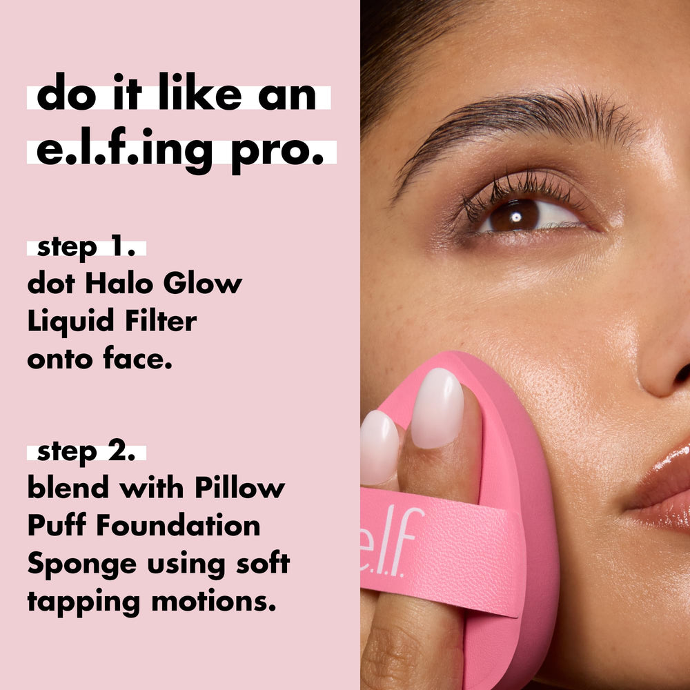 e.l.f. Pillow Puff sponge dry usage with liquid foundation for airbrushed look.
